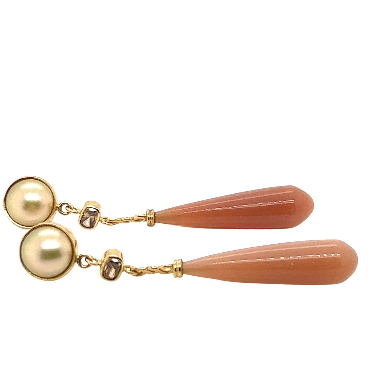 Long earrings with moonstone, brown diamonds and pearls, Unique